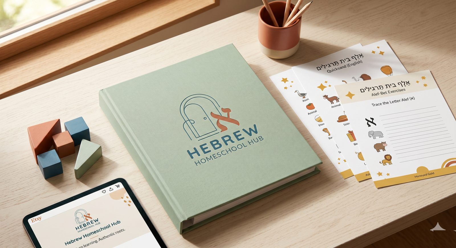 Hebrew Homeschool Hub lesson materials on a sunlit desk with notebook, pen, and coffee