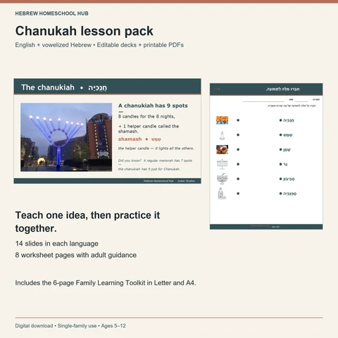 Chanukah lesson pack preview with English and Hebrew presentations