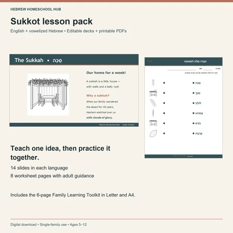 Sukkot lesson pack preview with English and Hebrew presentations